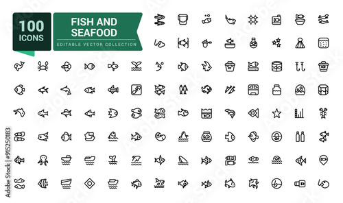 Fish And Seafood icon set. Minimalist thin linear web ui icon set. Simple editable vector stroke illustration.
