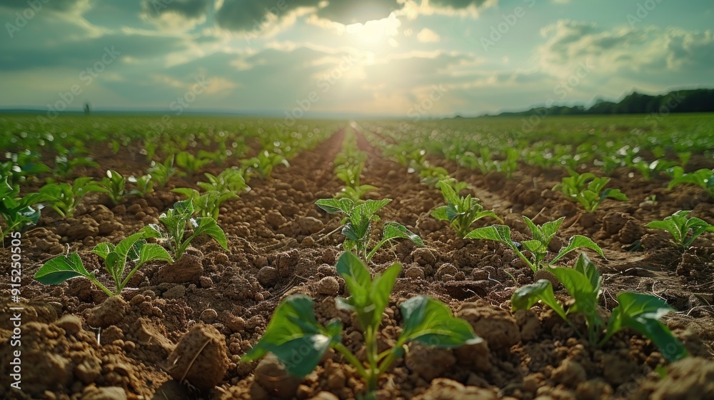Young Crops Emerging in the Sunset Light