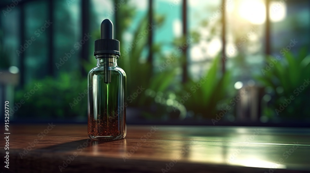 Glass Dropper Bottle on Wooden Table with Blurred Green Background Glass Dropper Bottle on Wooden Table with Blurred Green Background