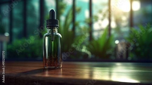 Glass Dropper Bottle on Wooden Table with Blurred Green Background