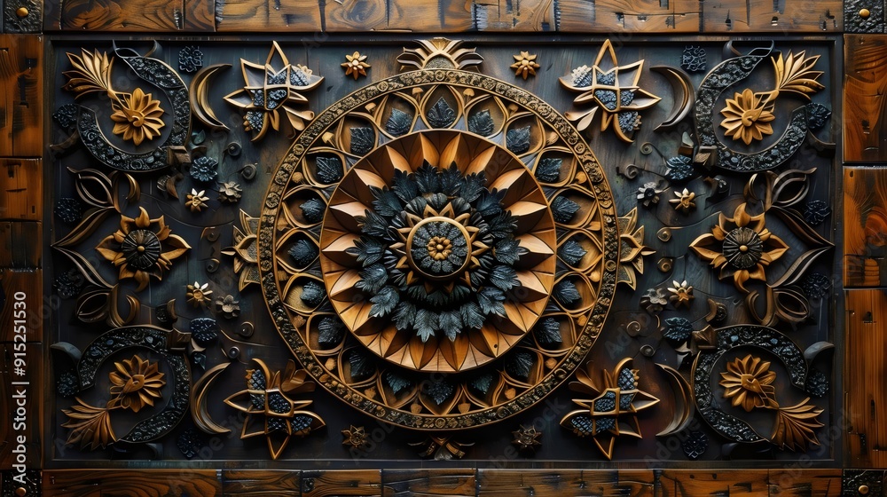 A gold and black design of a flower with a black center A gold and black design of a flower with a black center