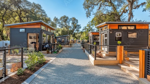 A row of modern tiny houses with wooden decks and black metal railings, set in a gravel courtyard with lush greenery.