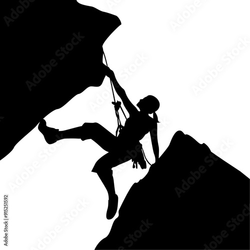 Woman climber black silhouette, climbing lead or mountaineering, vector of woman in sport, adventure climbing, people and mountain, person travel outdoor, active extreme illustration