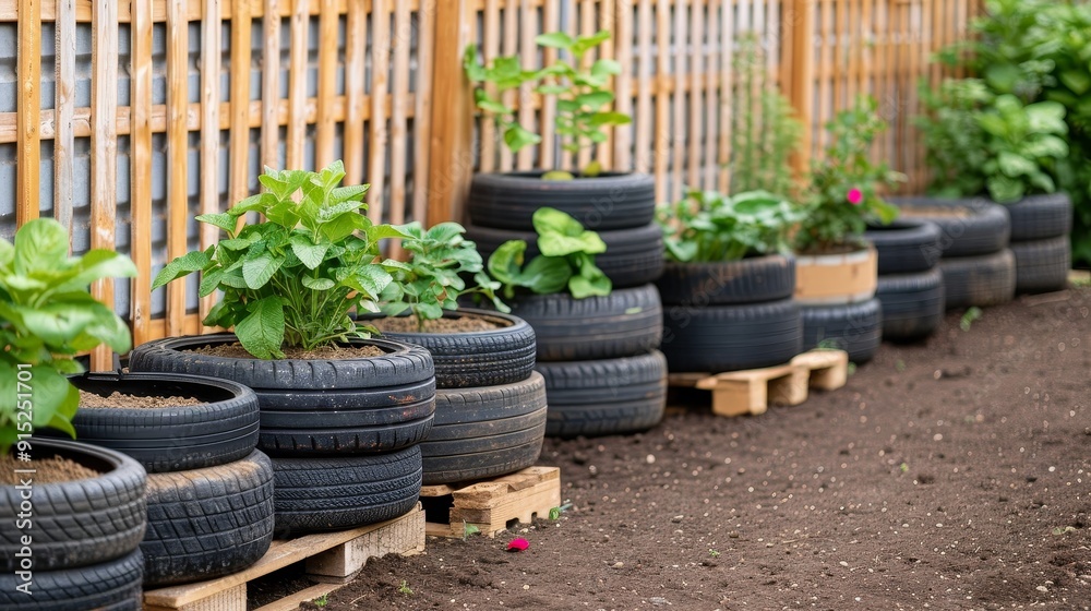recycled tire planters in a community garden with wooden fence and pallet gardening concept recycled tire planters in a community garden with wooden fence and pallet gardening concept