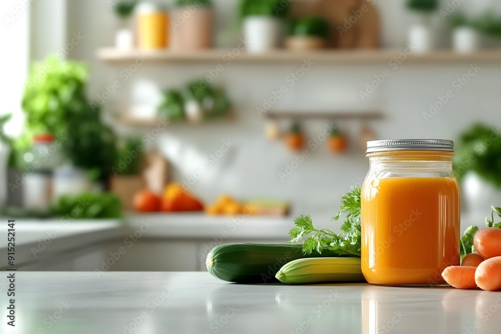 Organic baby food jar mock up in a bright kitchen with fresh vegetables and fruit, the clean background providing an area for text with a luminous touch Organic baby food jar mock up in a bright kitchen with fresh vegetables and fruit, the clean background providing an area for text with a luminous touch