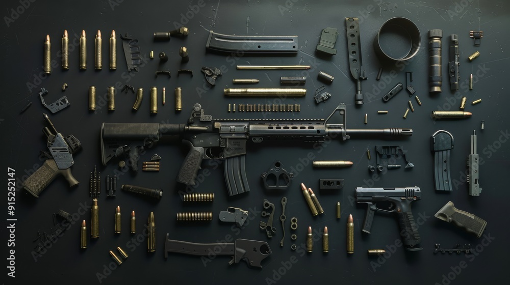 Fototapeta premium An organized spread of firearm parts and ammunition set against a dark background, highlighting the mechanical and tactical aspects of modern weaponry.