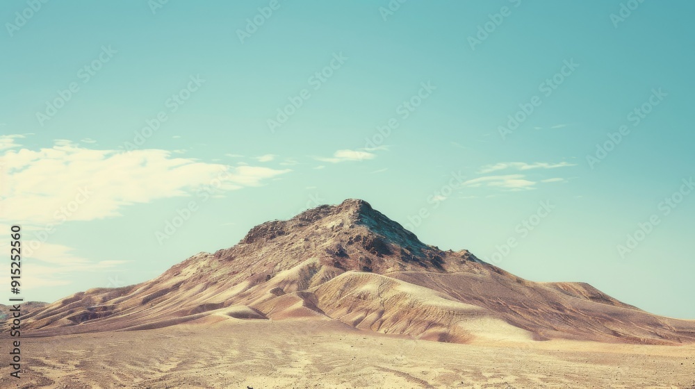 A remote, rugged mountain peak rising from the barren desert, under a clear, expansive blue sky. A remote, rugged mountain peak rising from the barren desert, under a clear, expansive blue sky.