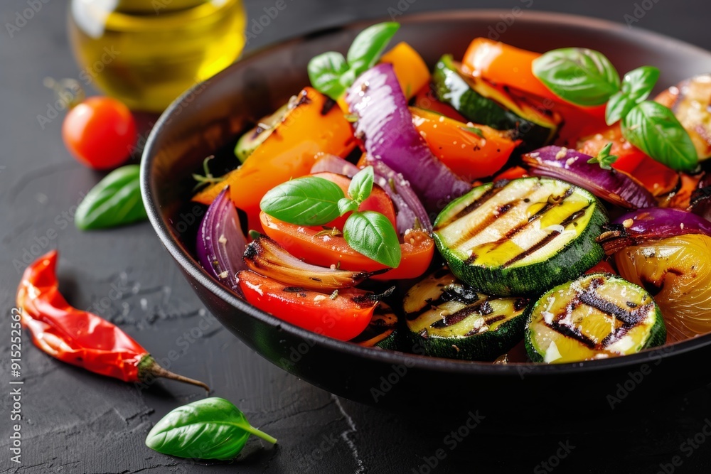 Grilled vegetables drizzled with olive oil and oregano, presented in a rustic style, capturing the essence of Mediterranean cuisine. Grilled vegetables drizzled with olive oil and oregano, presented in a rustic style, capturing the essence of Mediterranean cuisine.