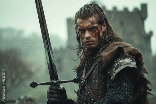 Rain pelts the earth as a highlander warrior grips his sword, eyes fierce, framed by a historic castle in the background. photo