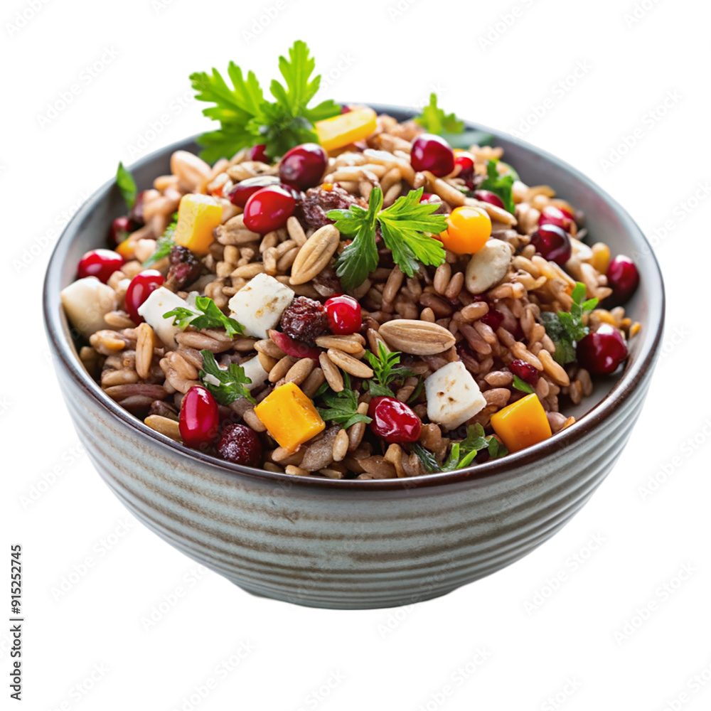 Wild rice salad with cranberries and nuts isolated on transparent background. Wild rice salad with cranberries and nuts isolated on transparent background.
