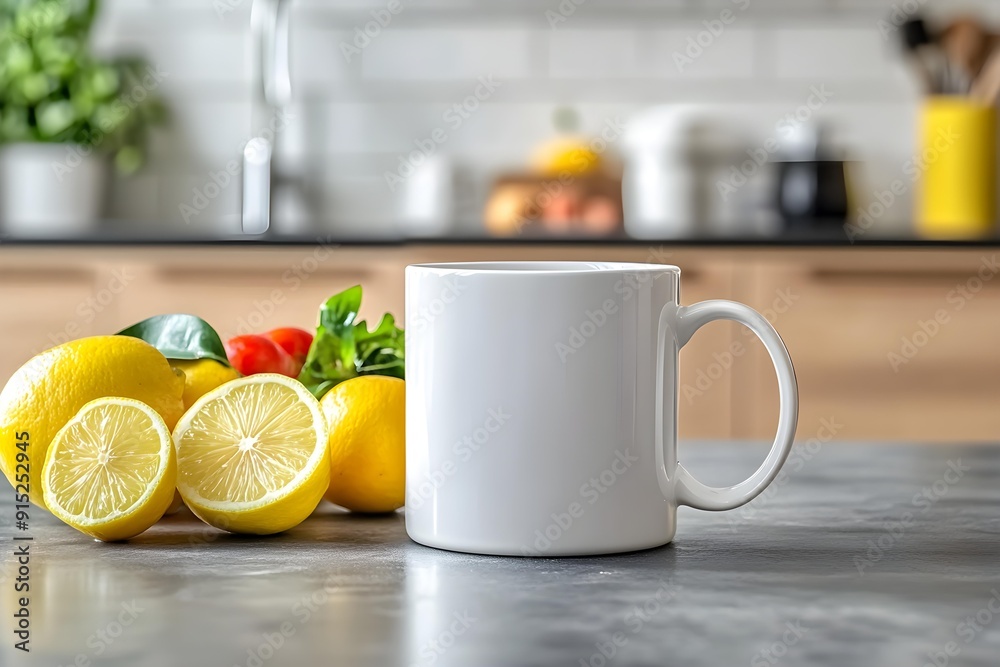 White Porcelain Mug Mockup A single white sublimation printable empty mug in the modern kitchen with fresh fruits and hot lemon