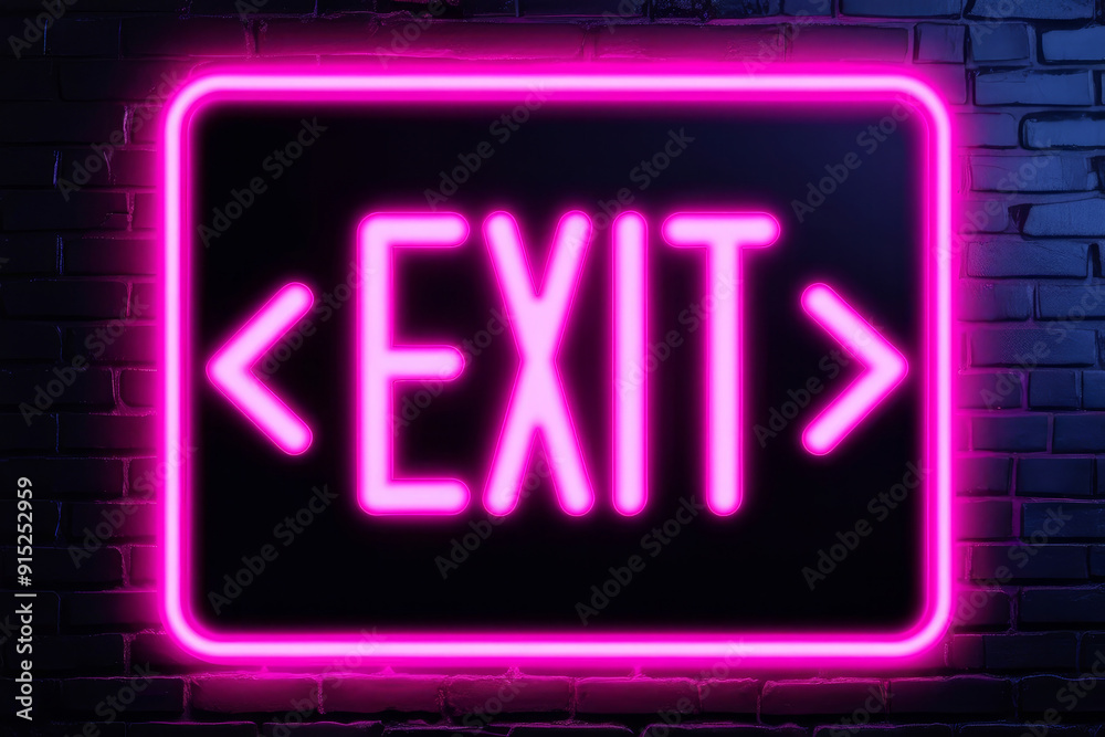 Stylish neon sign with word Exit on dark brick wall. AI Stylish neon sign with word Exit on dark brick wall. AI