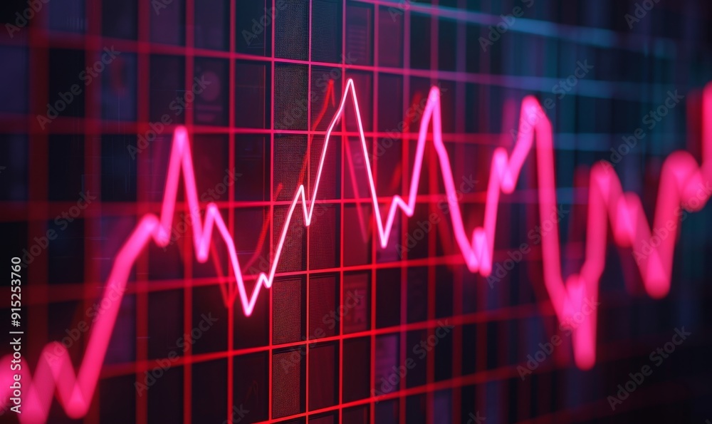 fluctuating stock market graph displayed on a digital screen with red line chart in neon light fluctuating stock market graph displayed on a digital screen with red line chart in neon light