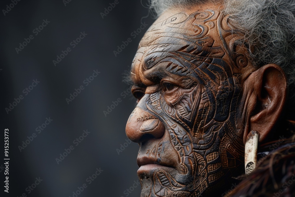 A fierce Maori warrior stands proudly, adorned with intricate facial tattoos that tell stories of heritage and strength. His expression reflects deep cultural significance. A fierce Maori warrior stands proudly, adorned with intricate facial tattoos that tell stories of heritage and strength. His expression reflects deep cultural significance.