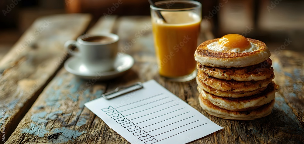 The Perfect Morning: A Checklist with Pancake Stack, Coffee and Juice, Setting Up a Productive and Delicious Start to Your Day! The Perfect Morning: A Checklist with Pancake Stack, Coffee and Juice, Setting Up a Productive and Delicious Start to Your Day!