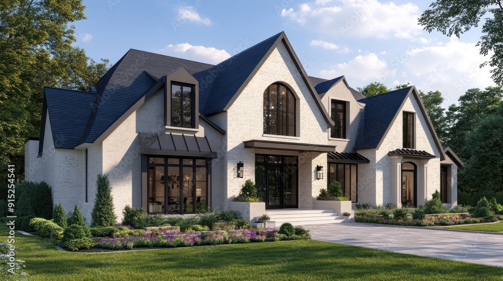 Modern white brick house with black roof and large windows. Modern white brick house with black roof and large windows.
