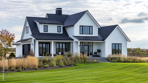 A modern, two-story farmhouse with a black roof and white siding sits on a grassy lawn with fall foliage in the background.