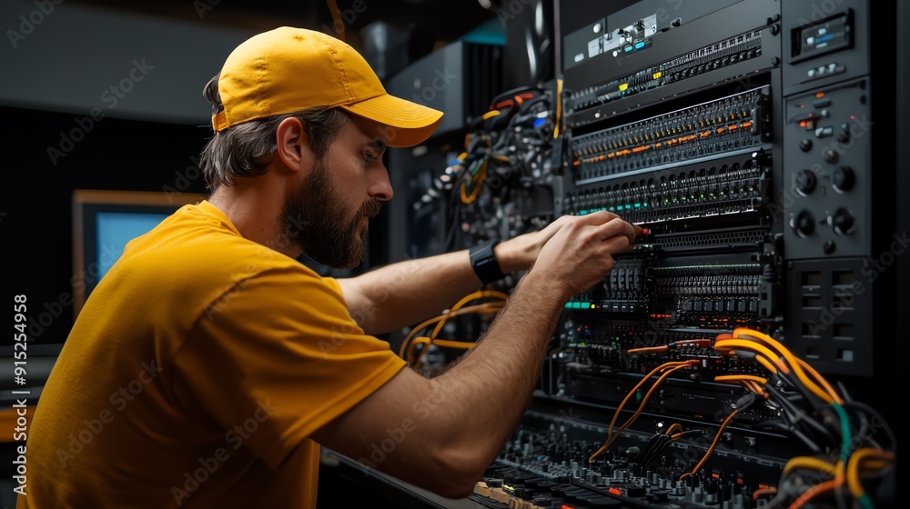 Technicians checking the latency of input devices for real-time applications, hardware gear, performance testing