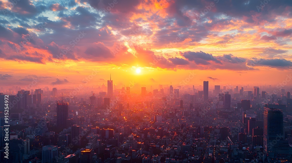 Fototapeta premium A stunning sunrise envelops a bustling cityscape, painting the sky with vibrant hues of orange and pink, casting a glow over the city skyscrapers and creating an atmosphere of serenity and grandeur.