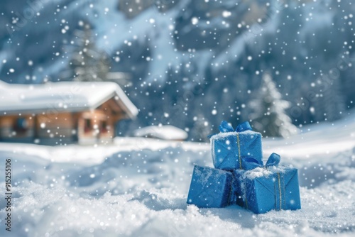 Christmas background with blue gift boxes in the snow, a wooden cabin in the distance, and copyspace