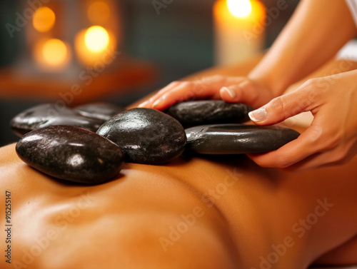 A woman is massaging a man's back with a series of large black stones. The stones are placed on the man's back and the woman is using her hands to apply pressure to the stones