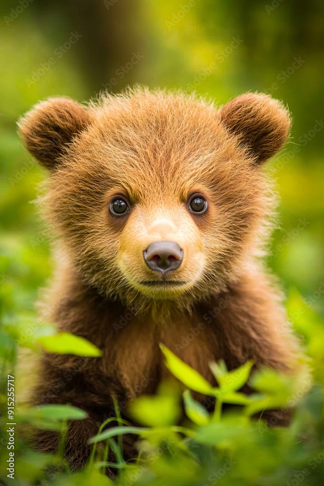 Fototapeta premium A brown bear cub sitting in the grass looking at the camera