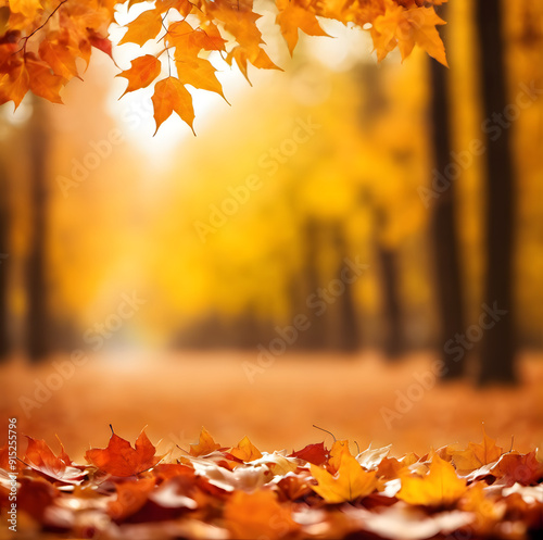 autumn leaves in the park on trees and ground. Blurred background