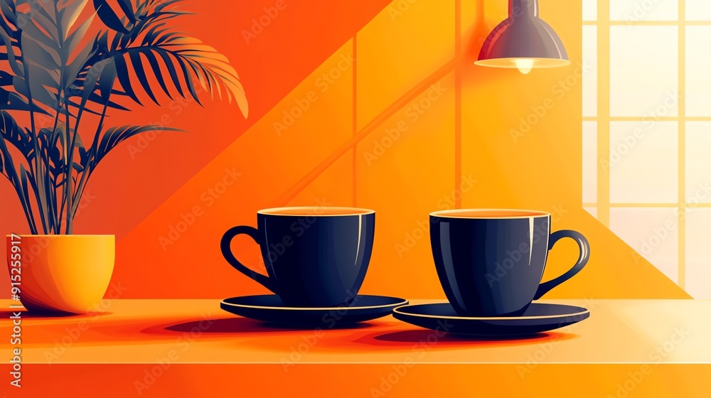 Two Blue Coffee Cups on a Tabletop with a Palm Plant Two Blue Coffee Cups on a Tabletop with a Palm Plant