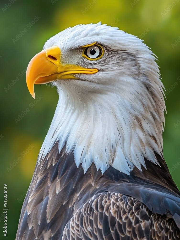 Obraz premium Close-up view of a bald eagle's face, set against a green background