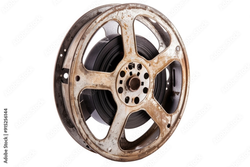 A close-up shot of a film reel on a white background