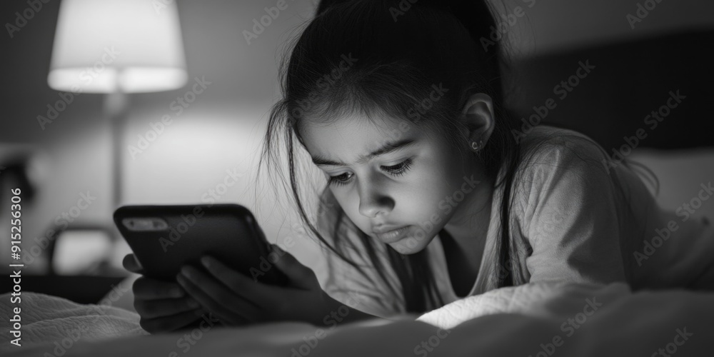 A young girl lies on her bed, gazing at her cell phone, surrounded by familiar bedroom objects A young girl lies on her bed, gazing at her cell phone, surrounded by familiar bedroom objects