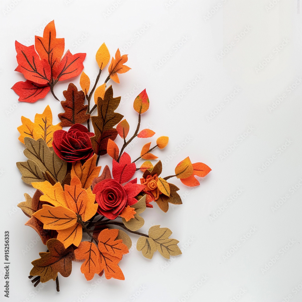 Fototapeta premium Decorative autumn design bouquet with leaves and branche. Fall frame from felt maple and oak leaves