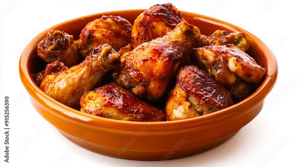 A bowl of chicken wings in a brown bowl on a white background A bowl of chicken wings in a brown bowl on a white background