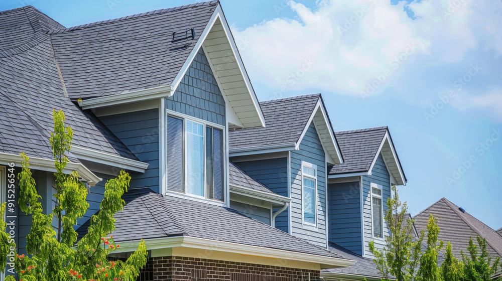 Row of modern suburban homes featuring gabled roofs and clean architectural lines against a bright blue sky. Row of modern suburban homes featuring gabled roofs and clean architectural lines against a bright blue sky.