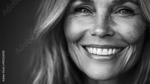 A portrait of a happy woman with a bright smile in a black and white photo