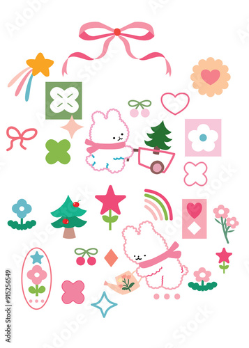 set of elements, Cute sticker, christmas greeting card, tree with gifts, flowers in pots, Christmas and cute bunny, element Christmas animal, draw vector cute bunny in garden, cute Tattoo