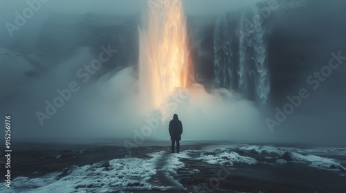 Solitary Figure at the Foot of a Waterfall