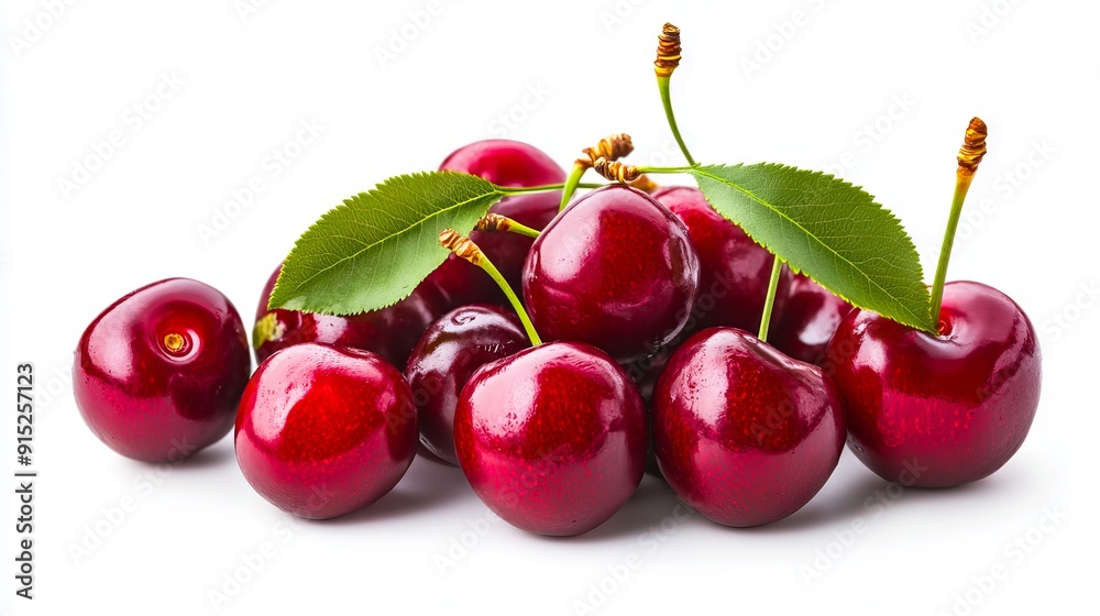 A bunch of cherries with a green leaf on top of them A bunch of cherries with a green leaf on top of them
