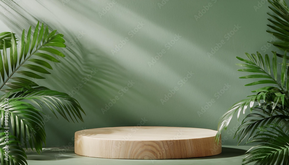 Cylinder wood table green wall background with sunlight window create leaf shadow on wall with indoor green plant foreground. Cylinder wood table green wall background with sunlight window create leaf shadow on wall with indoor green plant foreground.
