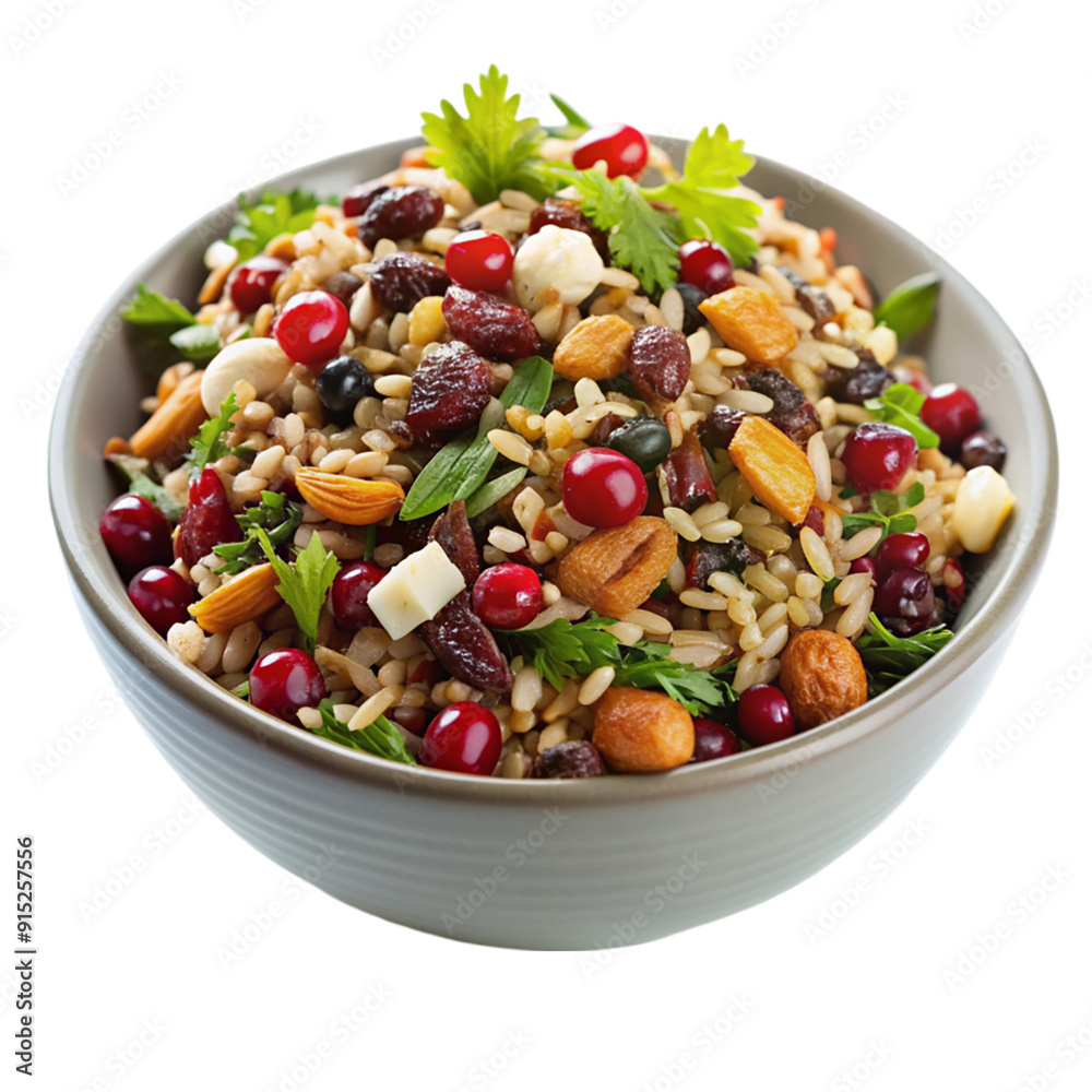 Wild rice salad with cranberries and nuts isolated on transparent background. Wild rice salad with cranberries and nuts isolated on transparent background.