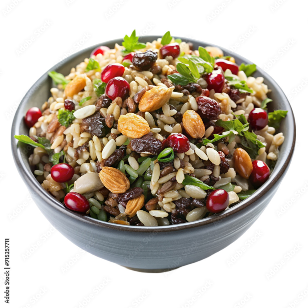 Wild rice salad with cranberries and nuts isolated on transparent background. Wild rice salad with cranberries and nuts isolated on transparent background.
