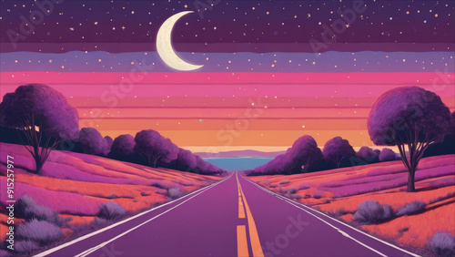 Surrealist painting depicting a highway at night.