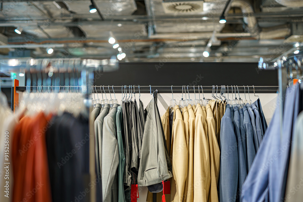 Hangers with men's suits for sale in a shopping mall. Hangers with men's suits for sale in a shopping mall.