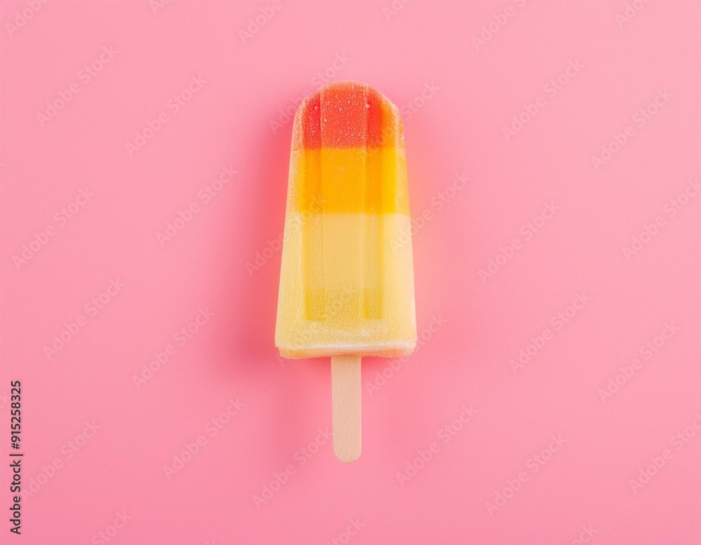 Fotografía de estudio de un polo helado de colores naranja, rojo y amarillo de verano apoyado sobre un fondo rosa, vista superior Fotografía de estudio de un polo helado de colores naranja, rojo y amarillo de verano apoyado sobre un fondo rosa, vista superior