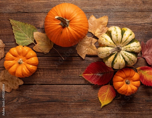 Adornos de acción de gracias otoñales thanksgiving, adornos de otoño y Halloween, calabazas, piñas y hojas naranjas y marrones sobre un fondo de madera oscura, vista supeior, arreglo de mesa photo