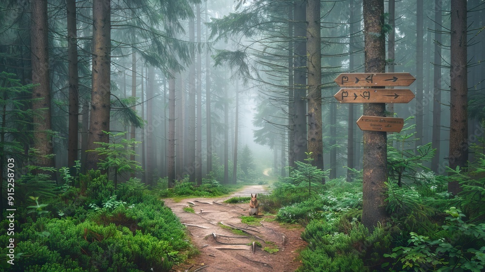 Foggy Forest Trail with Tall Pine Trees, Wooden Signpost, and Squirrel on Path. AI generated illustration. Foggy Forest Trail with Tall Pine Trees, Wooden Signpost, and Squirrel on Path. AI generated illustration.