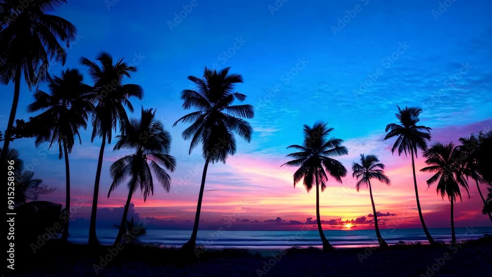 Tropical beach sunset with palm trees silhouette Tropical beach sunset with palm trees silhouette