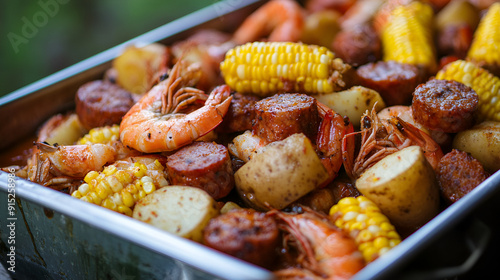 A low country homemade traditional Southern U.S. Shrimp Boil with sausage Traditional southern shrimp boil close up Shrimp and Grits Grits and old bay seasoned, Generative AI