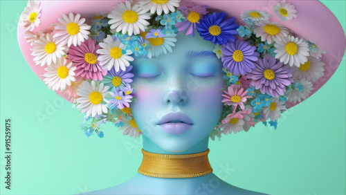 A surreal and playful 3D render of a stylized female bust with a smooth, blue skin tone.