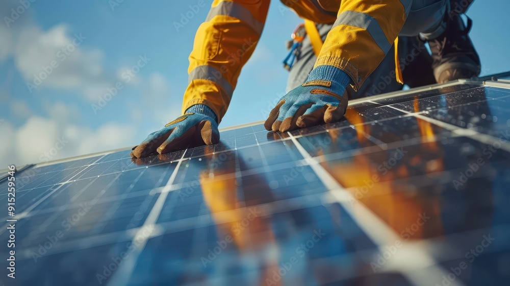 Technician Installing Solar Panels on Rooftop for Renewable Energy Production on a Sunny Day